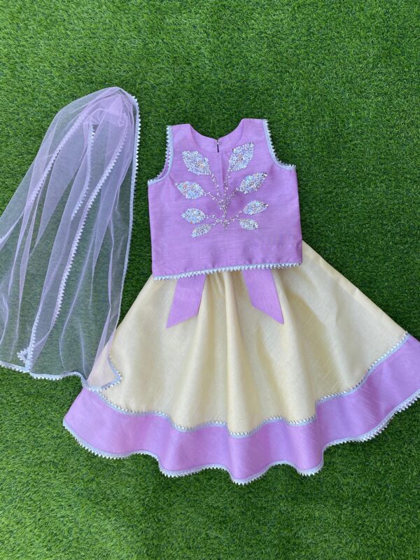 Lavender & Cream Embroidered Kids Lehnga