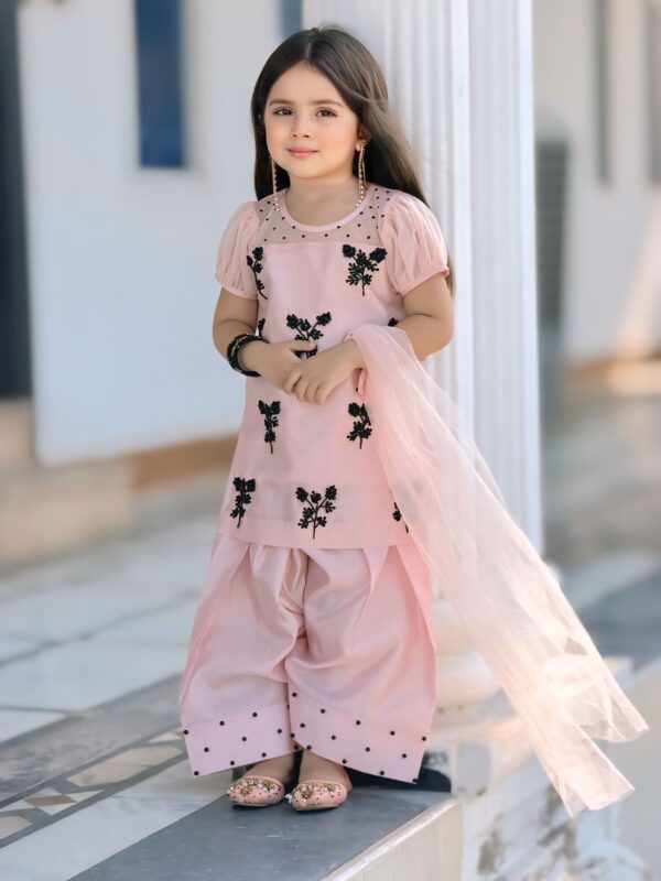Pink kurti with black floral embroidery