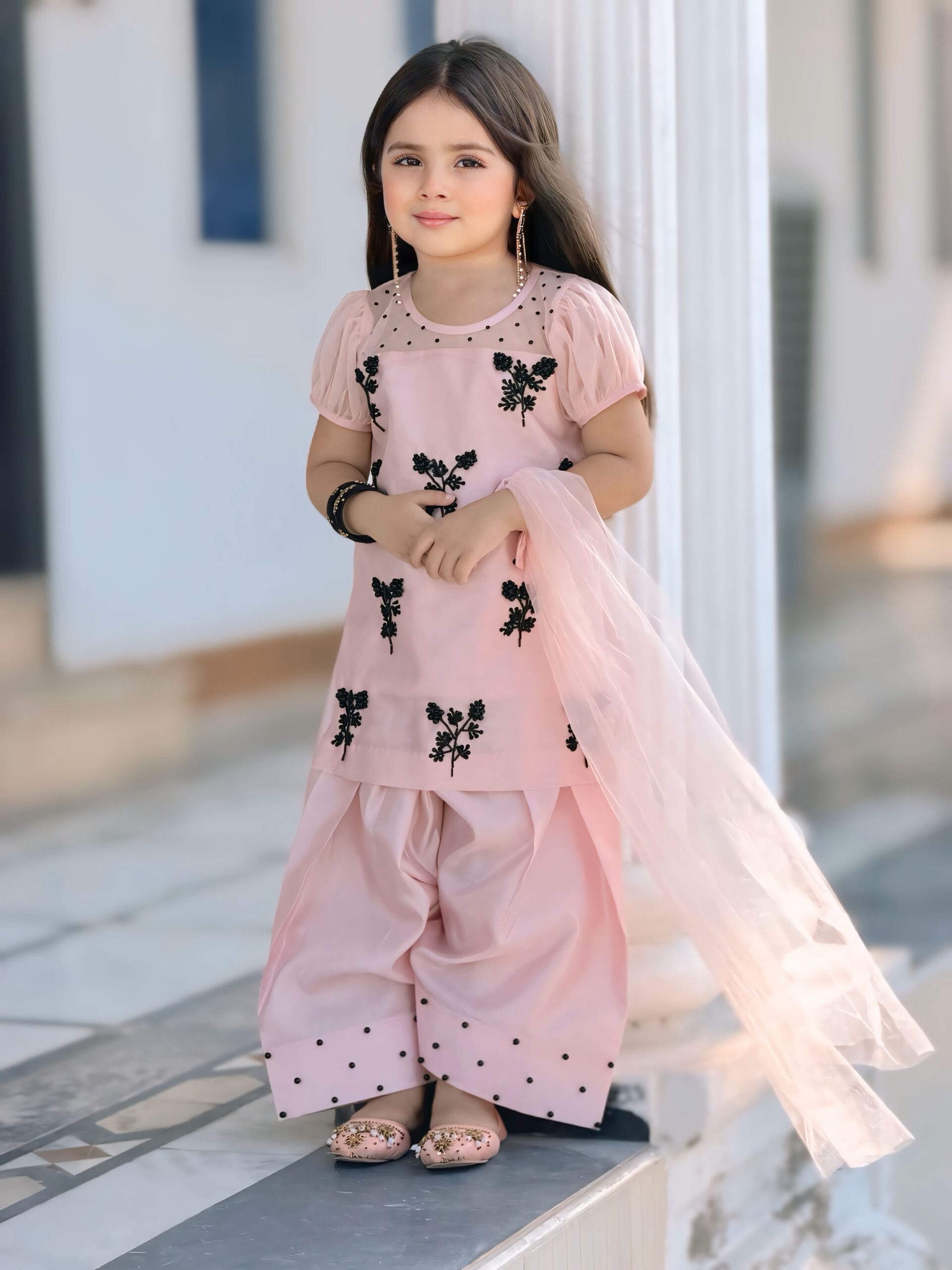 Pink kurti with black floral embroidery