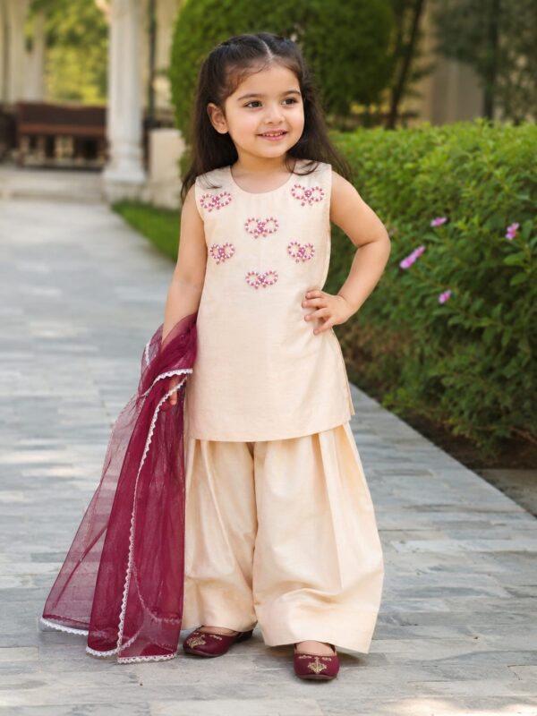 Beige Raw Silk Pearl Bow Kids Dress 3-Piece