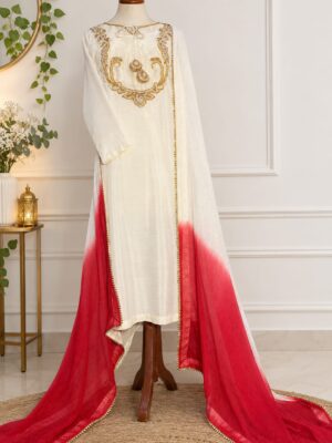 Noor - Ivory Red Ombre Embroidered Dress