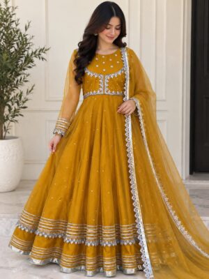Mustard Yellow Net Handwork Maxi with Dupatta