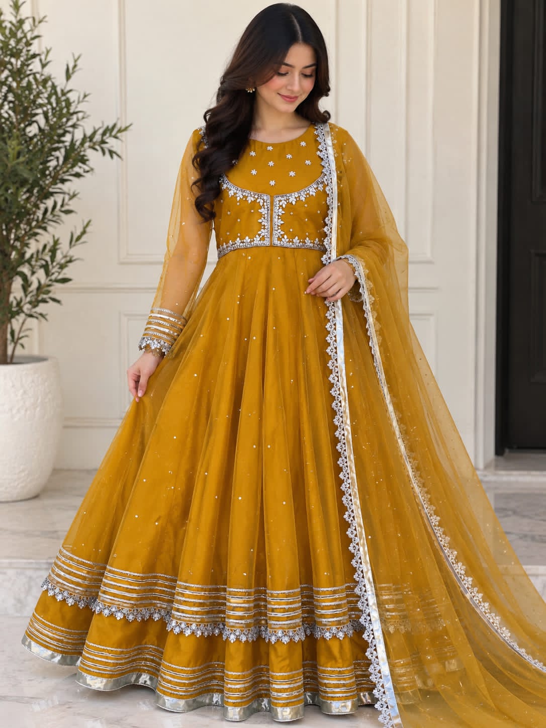 Mustard Yellow Net Handwork Maxi with Dupatta