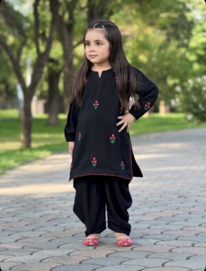 Gulnaar _ Black Linen Embroidered Kids 2 _ piece