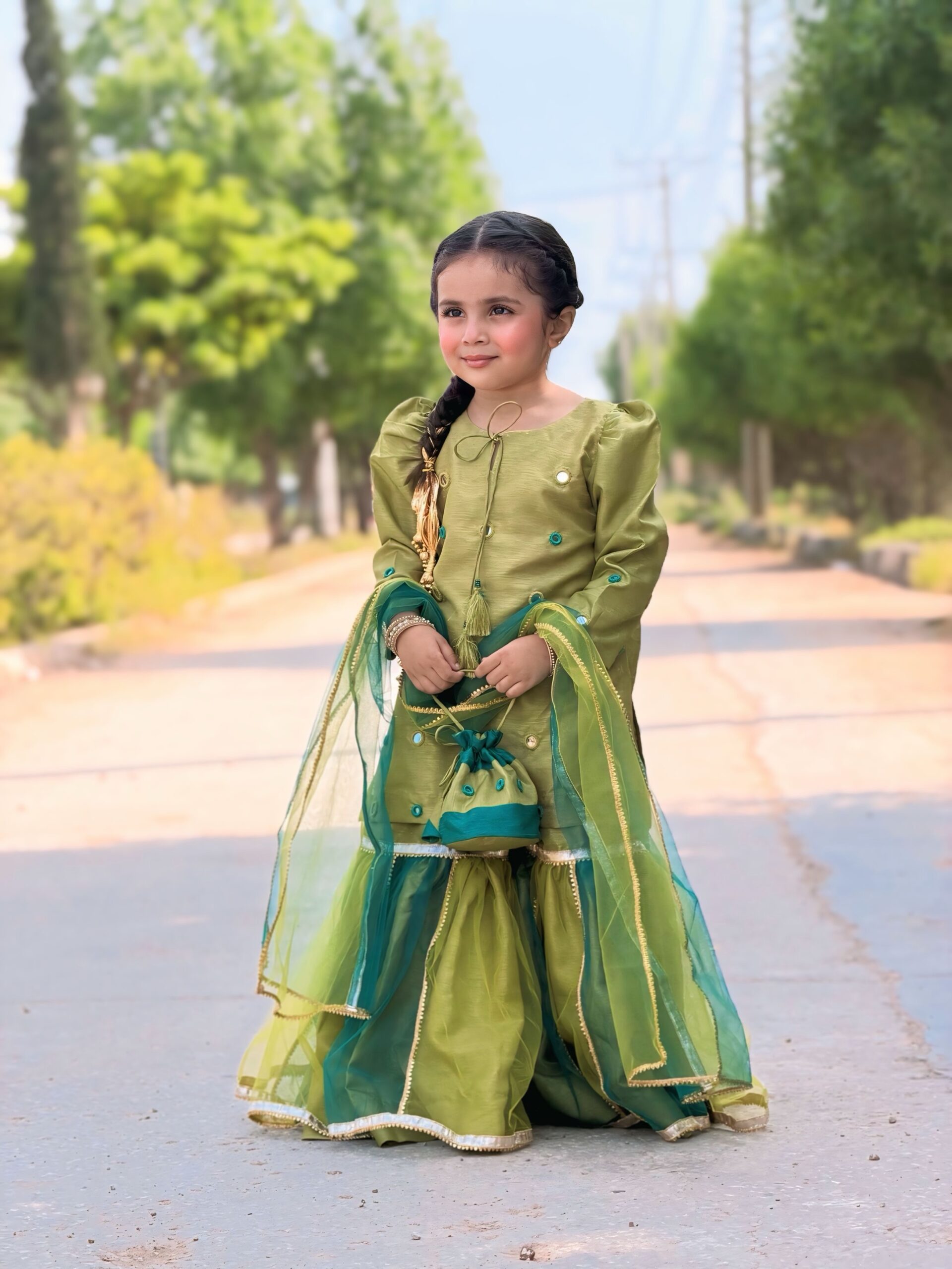 "Zahra" Olive & Teal Sharara Set for Girls - Image 5