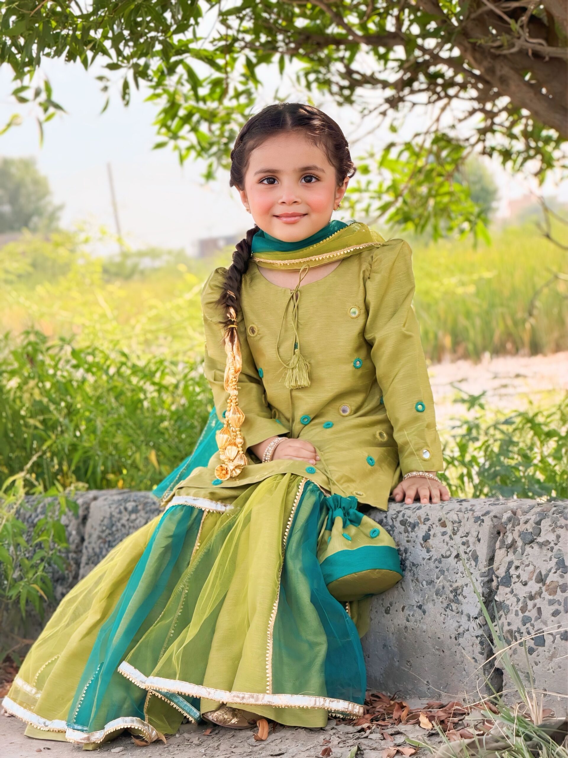 "Zahra" Olive & Teal Sharara Set for Girls
