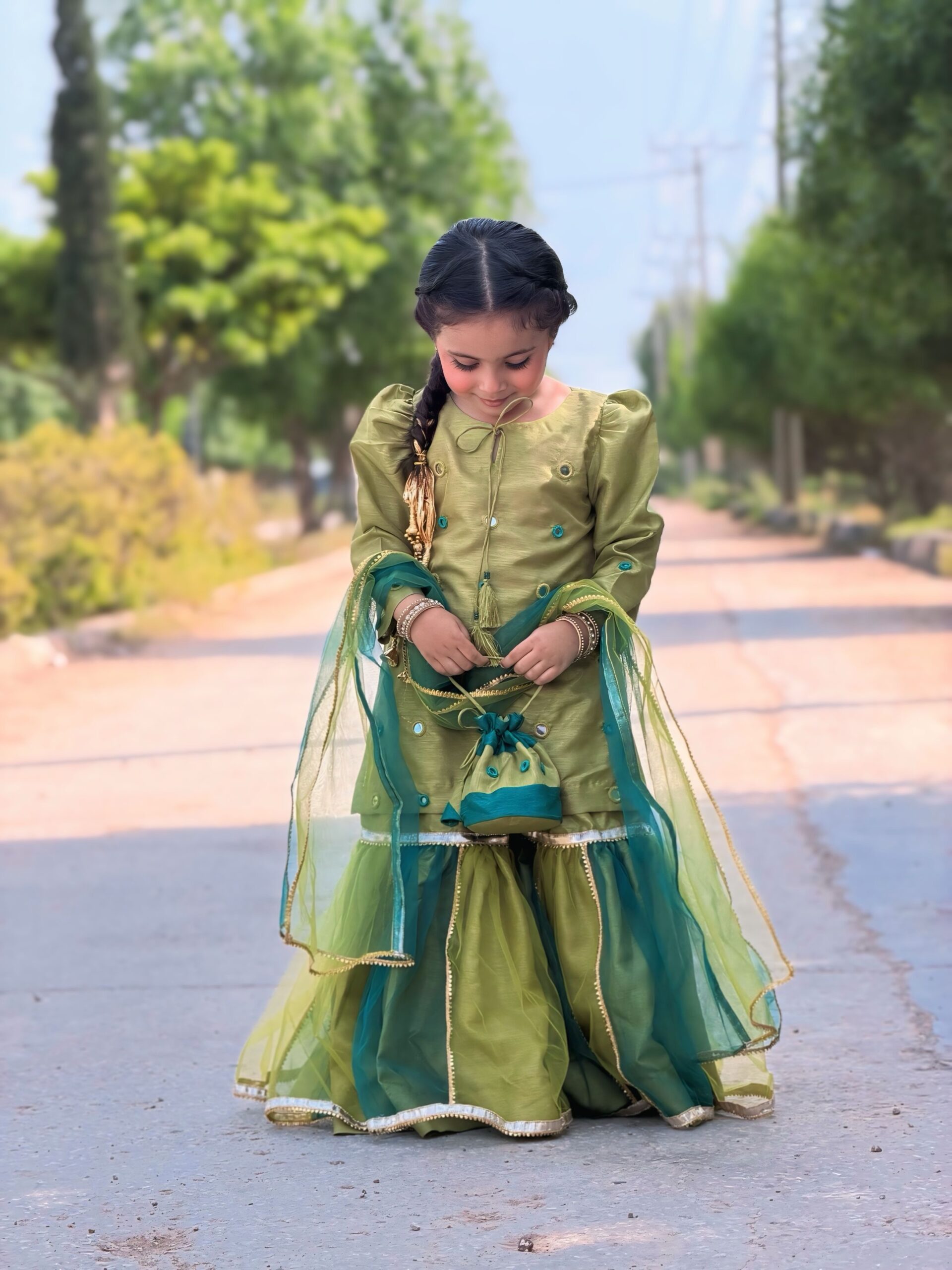 "Zahra" Olive & Teal Sharara Set for Girls - Image 2