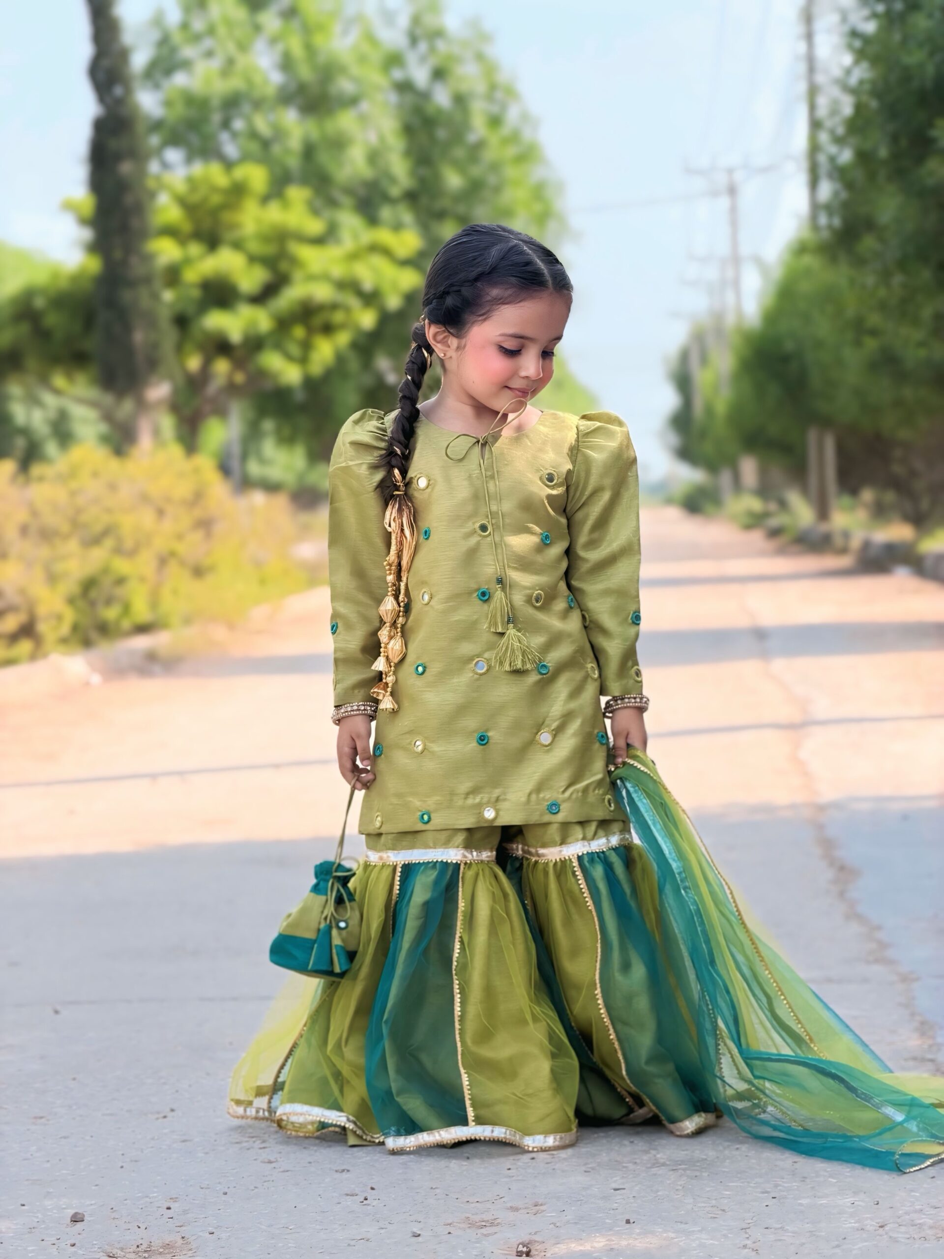 "Zahra" Olive & Teal Sharara Set for Girls - Image 3