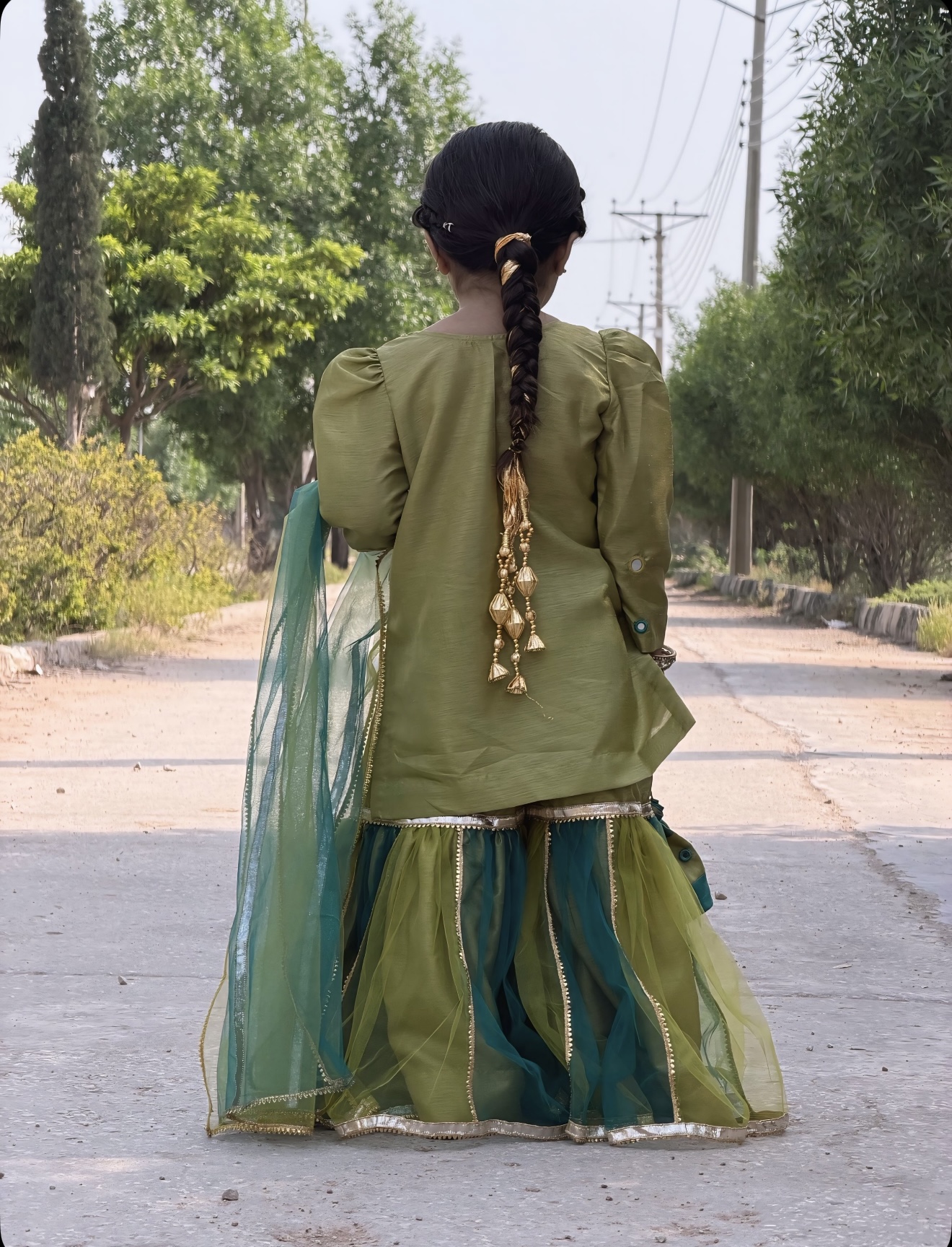 "Zahra" Olive & Teal Sharara Set for Girls - Image 4
