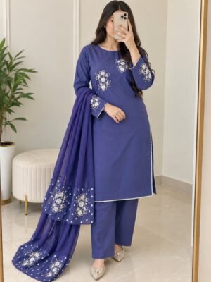 Royal Indigo Raw Silk Moti Sitare Handwork 3-Piece Suit